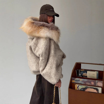 Manteau en Laine Élégant pour Femme avec Grand Col en Fourrure et Zip