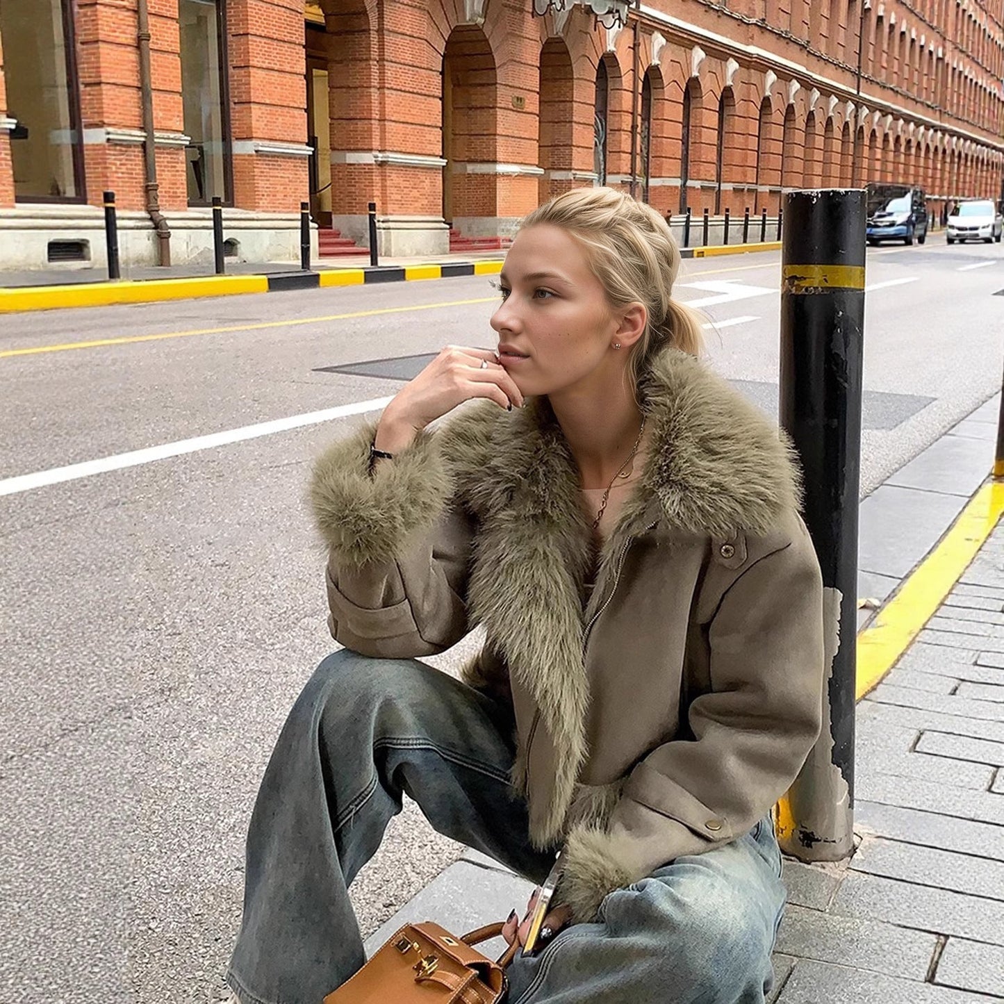 Blouson Biker court en cuir et fourrure