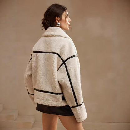 Veste Biker Femme en Cuir et Agneau-Mohair Doublé