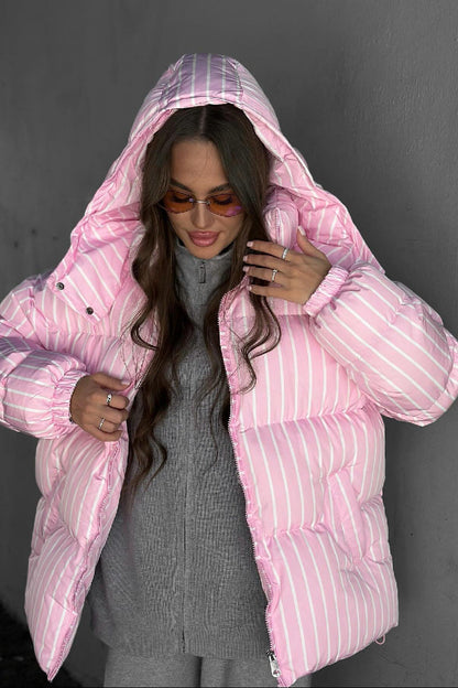 Manteau chaud à rayures avec col montant et capuche