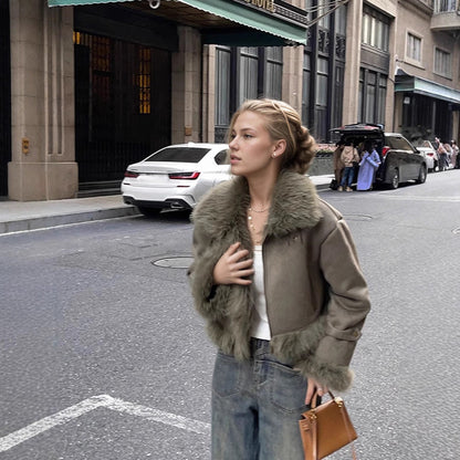 Blouson Biker court en cuir et fourrure