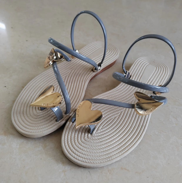 Sandales plates d’été pour femme avec bouton décoratif