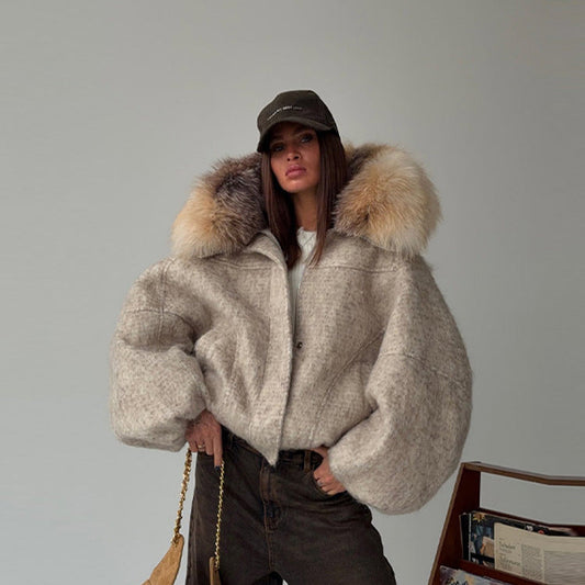 Manteau en Laine Élégant pour Femme avec Grand Col en Fourrure et Zip