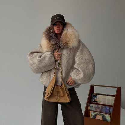 Manteau en Laine Élégant pour Femme avec Grand Col en Fourrure et Zip