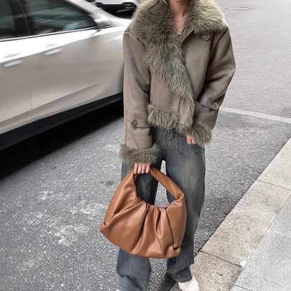 Blouson Biker court en cuir et fourrure